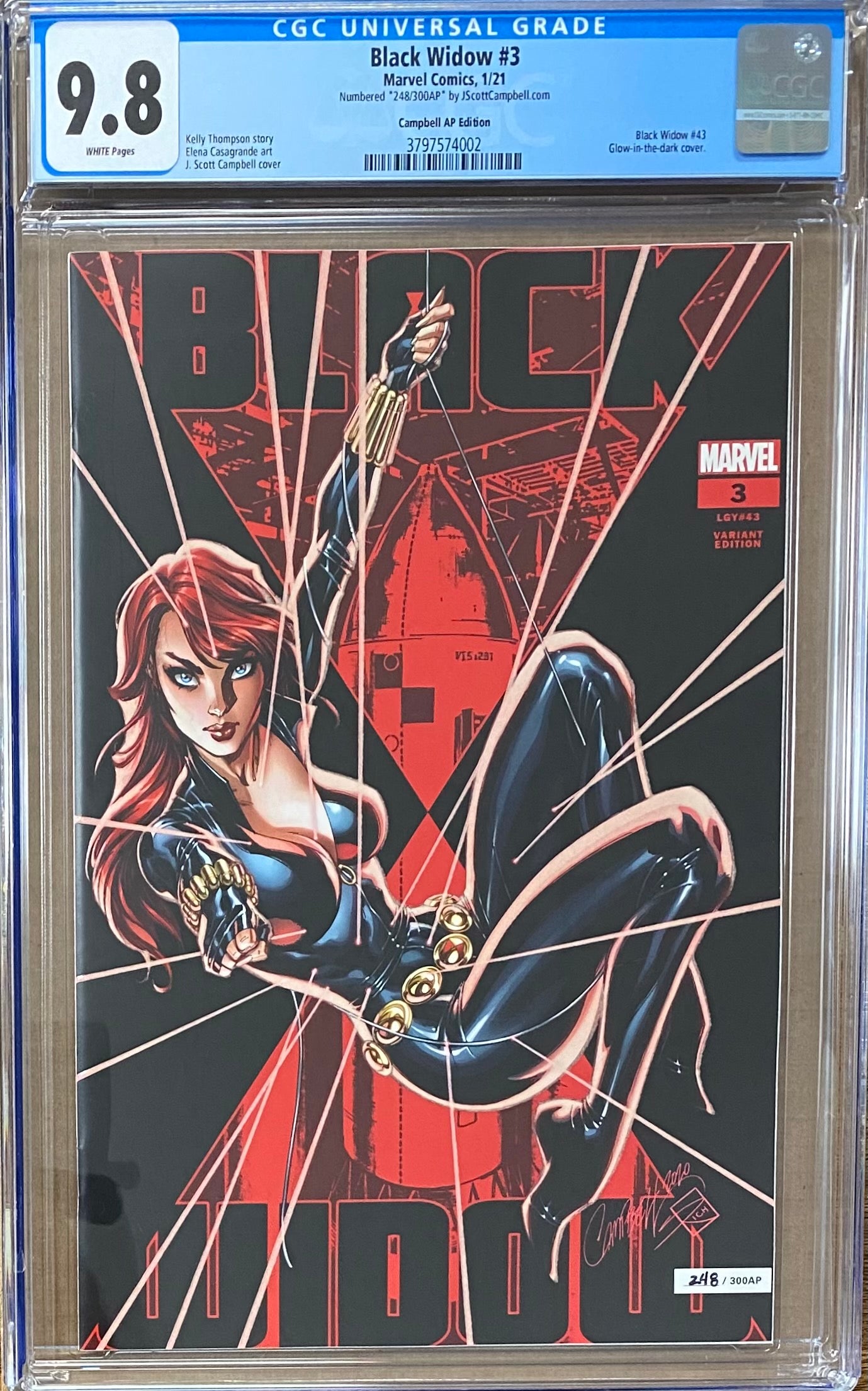 Black Widow #3 J. Scott Campbell LTD 300 Glow in the Dark Artist Proof AP Exclusive CGC 9.8