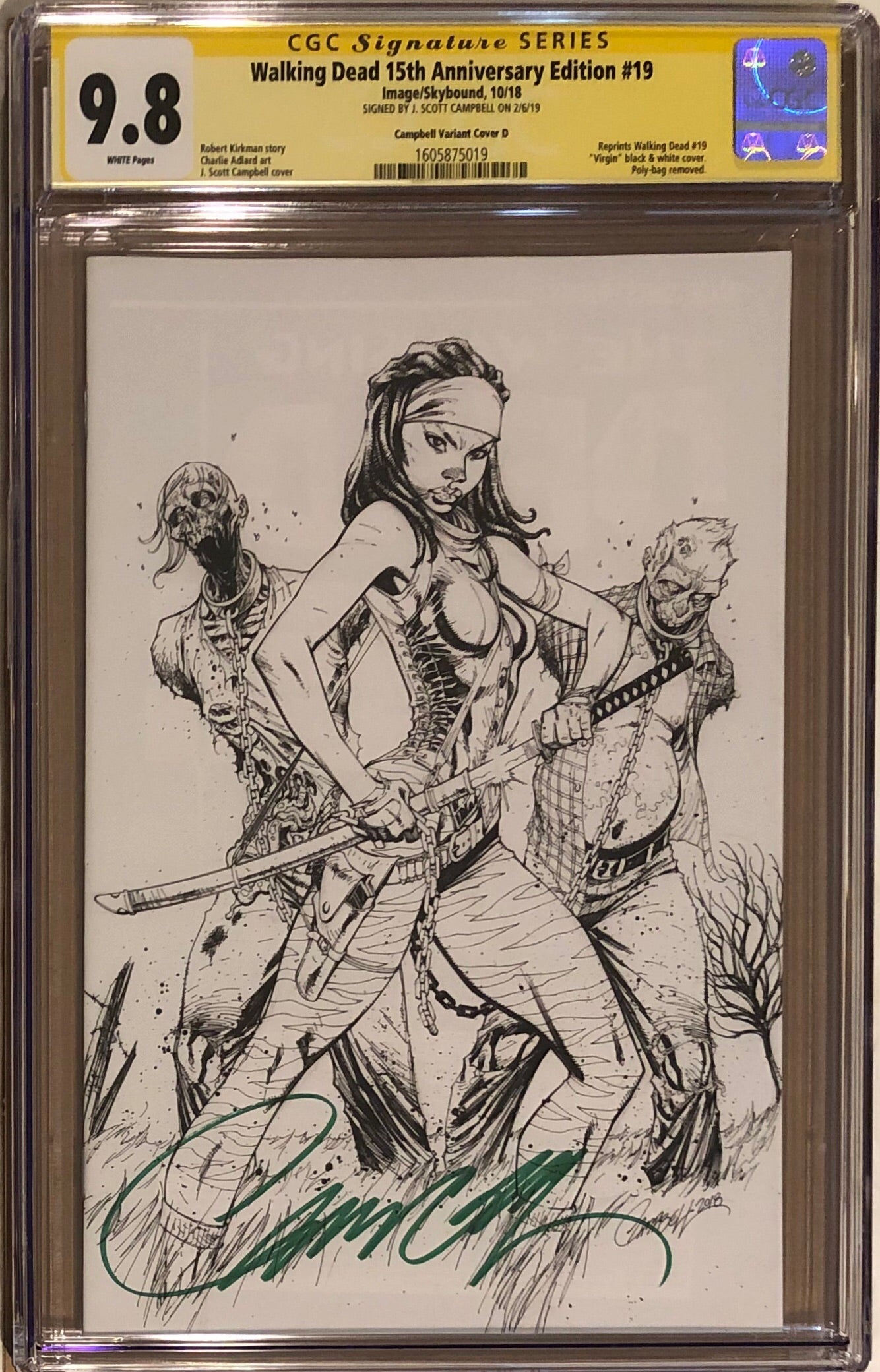 The Walking Dead #19 15th Anniversary Edition J. Scott Campbell B/W Virgin Sketch Cover CGC 9.8 SS