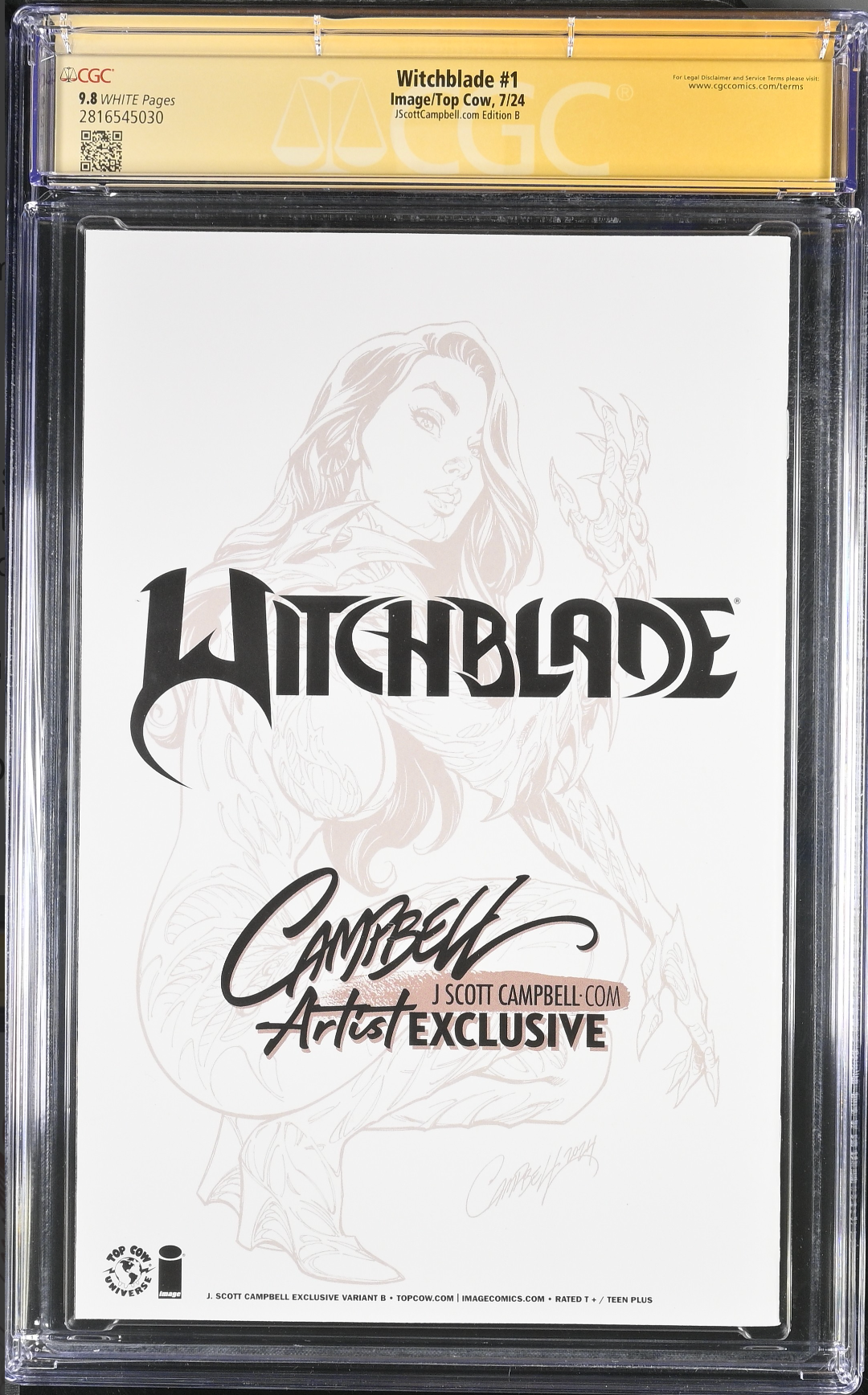 Witchblade #1 J. Scott Campbell Exclusive B SDCC Lineart Virgin CGC 9.8 SS