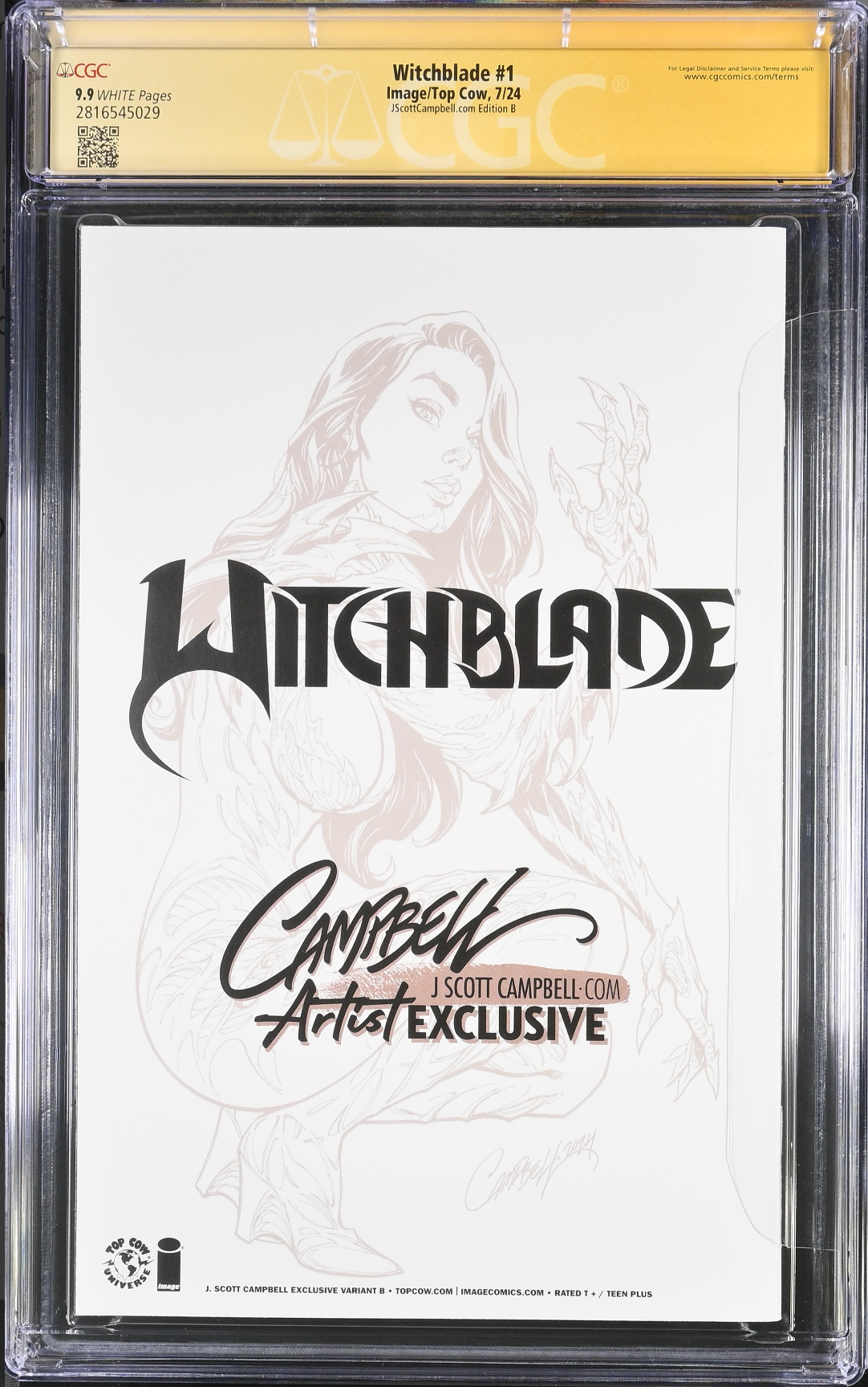 Witchblade #1 J. Scott Campbell Exclusive B SDCC Lineart Virgin CGC 9.9 SS