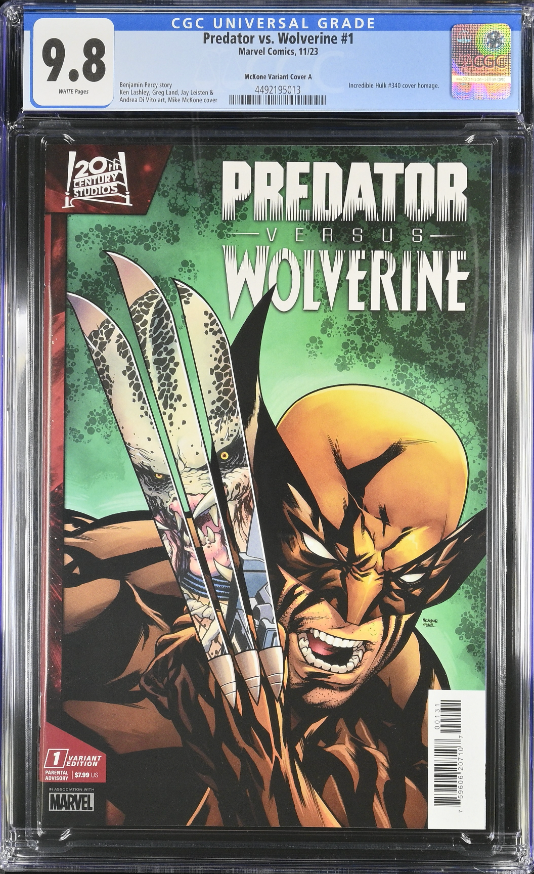 Predator vs. Wolverine #1 McKone Wolverine Homage Variant CGC 9.8