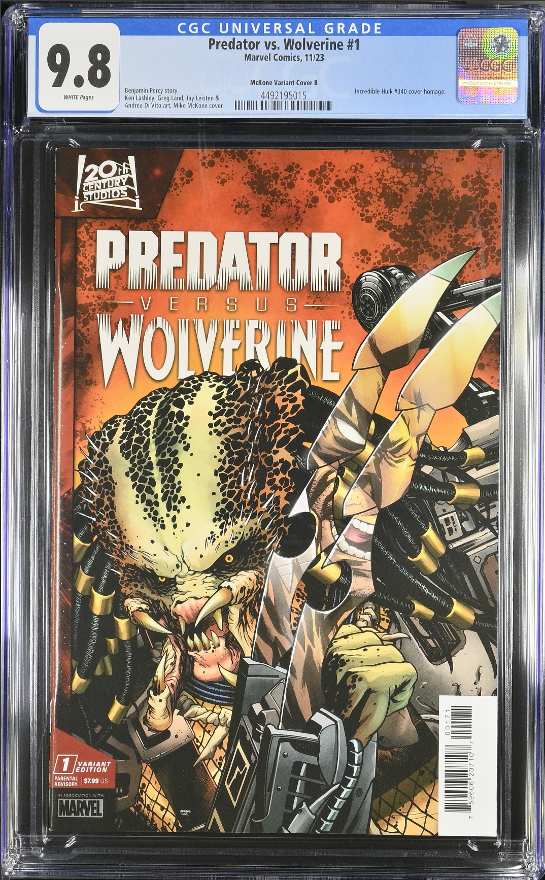 Predator vs. Wolverine #1 McKone Predator Homage Variant CGC 9.8