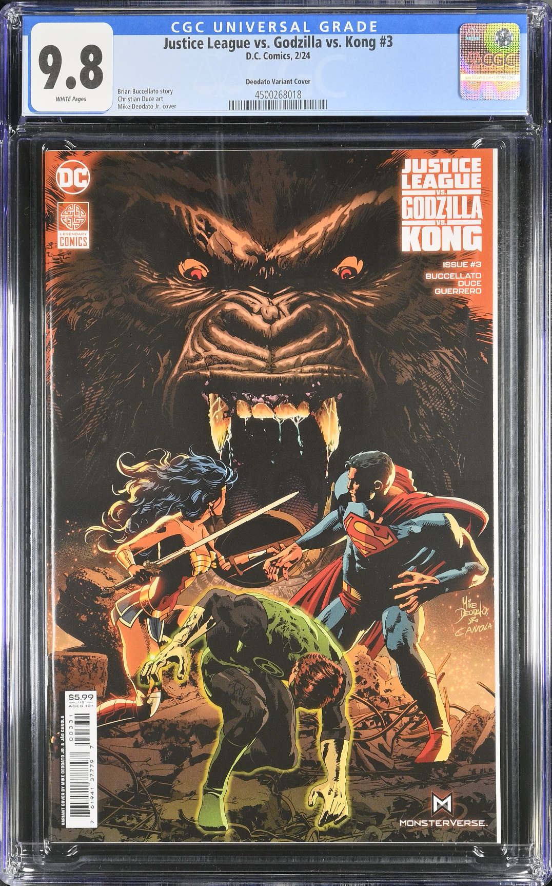 Justice League vs. Godzilla vs. Kong #3 Deodato Jr. Variant CGC 9.8