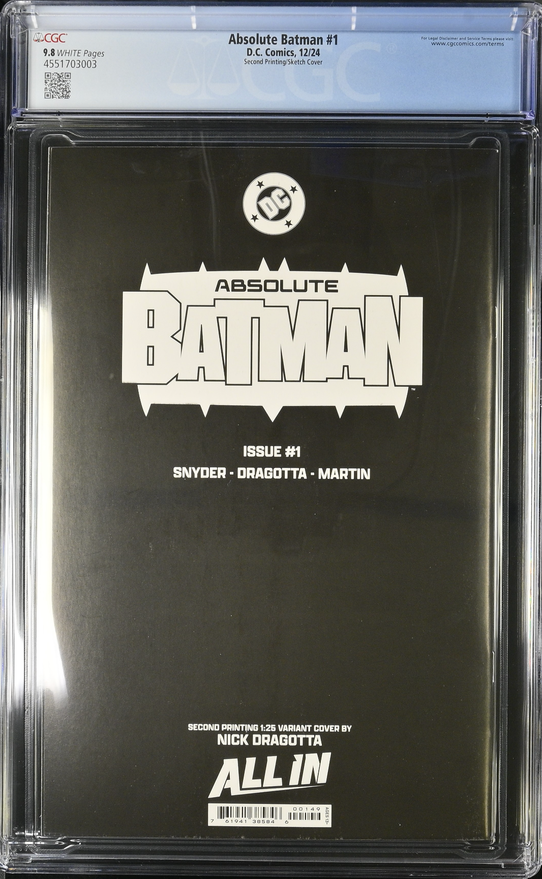 Absolute Batman #1 Second Printing Dragotta 1:25 Retailer Incentive Variant CGC 9.8