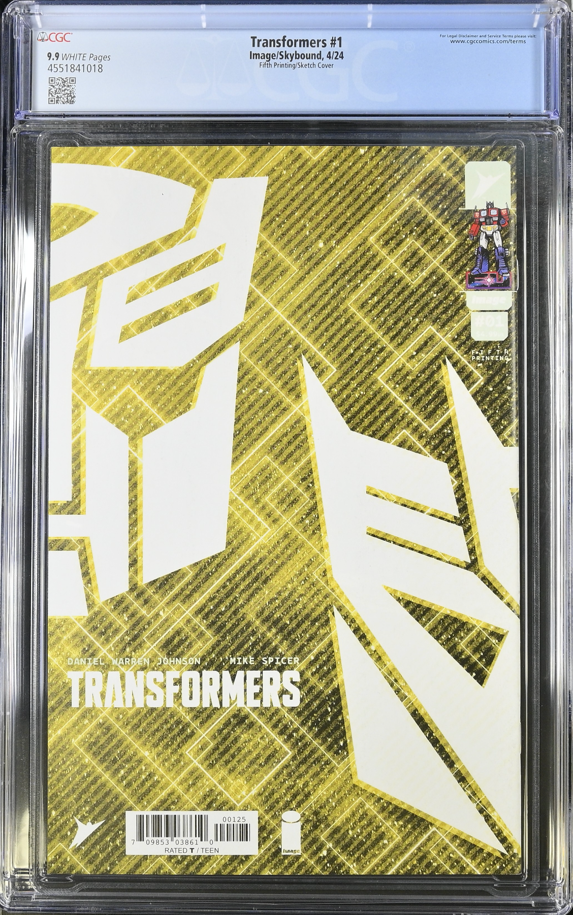 Transformers #1 Fifth Printing B/W Full Art Variant CGC 9.9