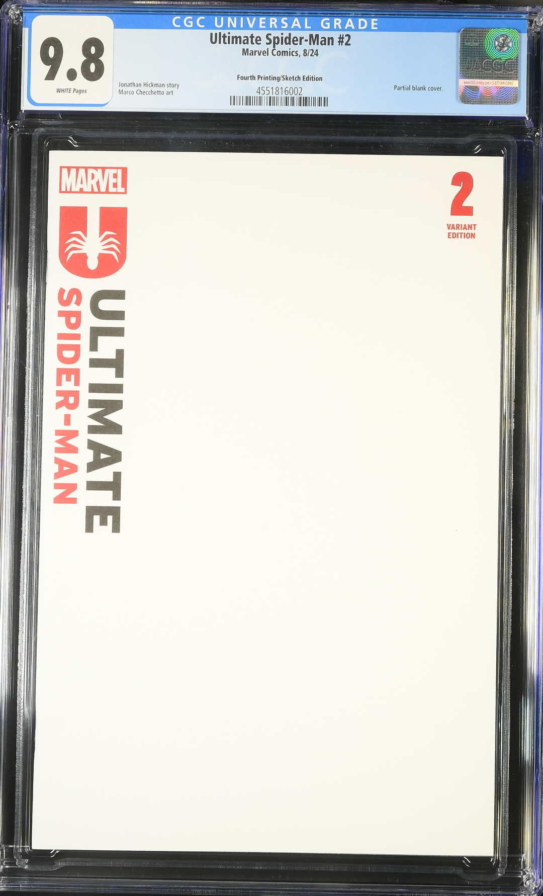 Ultimate Spider-Man #2 Fourth Printing Blank Sketch Variant CGC 9.8