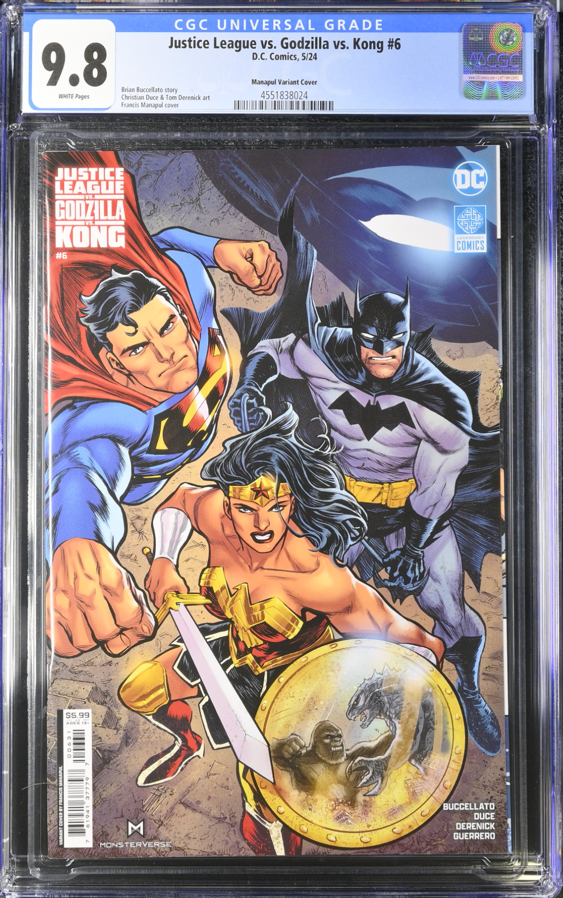 Justice League vs. Godzilla vs. Kong #6 Manapul Variant  CGC 9.8