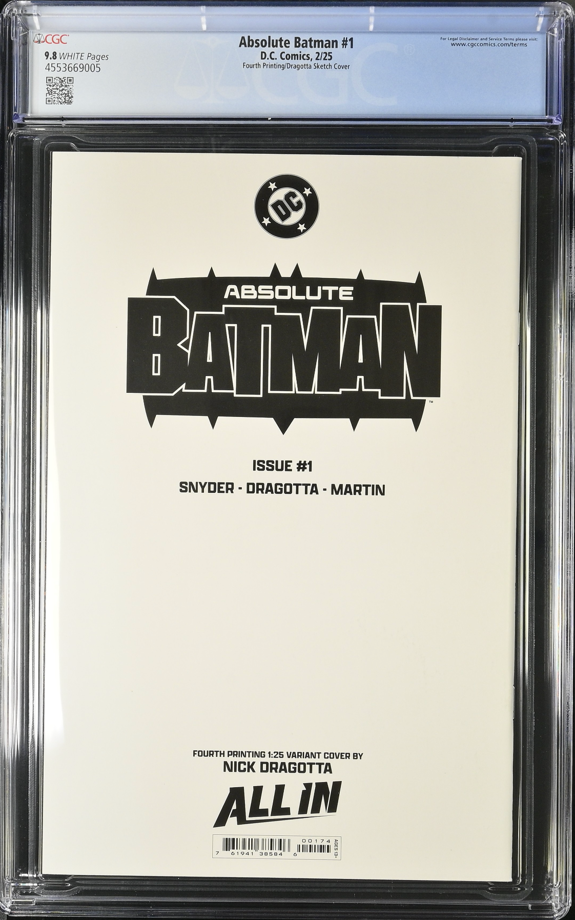 Absolute Batman #1 Fourth Printing Dragotta 1:25 Retailer Incentve Variant CGC 9.8