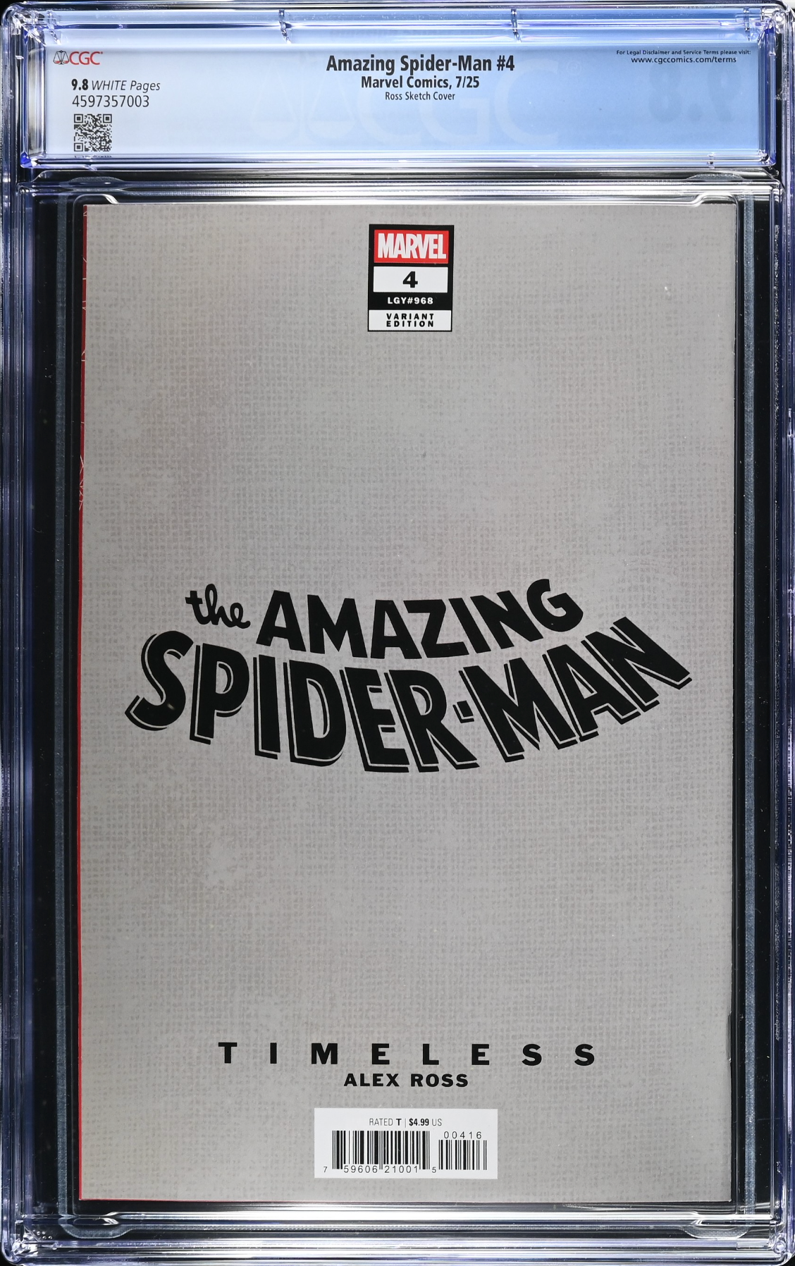 Amazing Spider-Man #4 Ross Timeless 1:100 Virgin Sketch Retailer Incentive Variant CGC 9.8